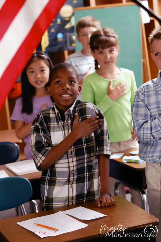 The Montessori philosophy even has hands-on activities when teaching the Pledge of Allegiance to the United States Flag!